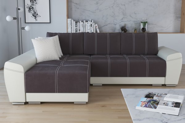 Ъглов диван "Модел 7012"  - кафява дамаска/бежова кожа