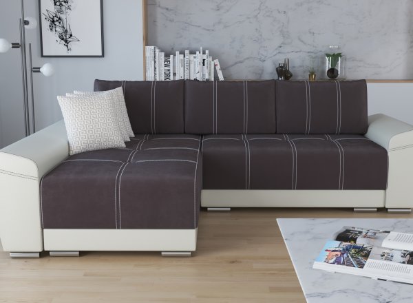 Ъглов диван "Модел 7012"  - кафява дамаска/бежова кожа